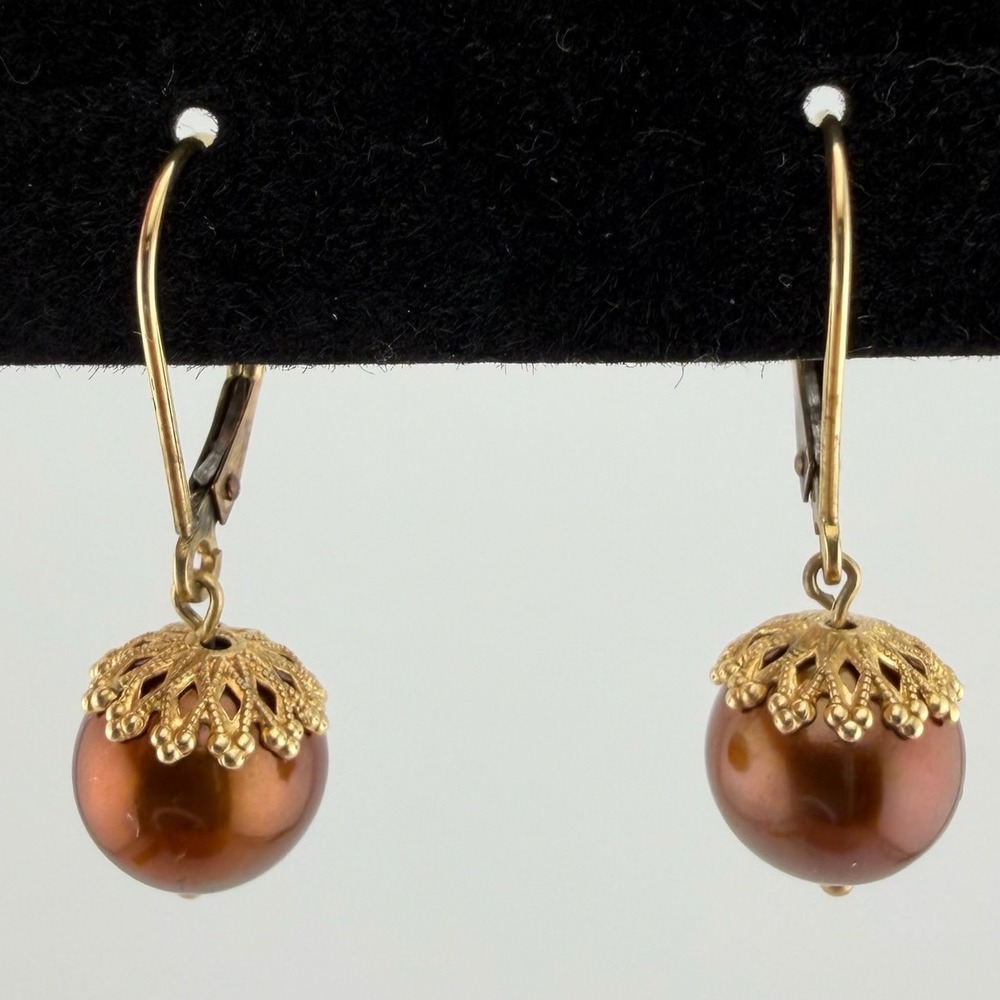 JCM Womens 14K Gold Chocolate Brown Pearl Filigree Drop Leverback Earrings OS